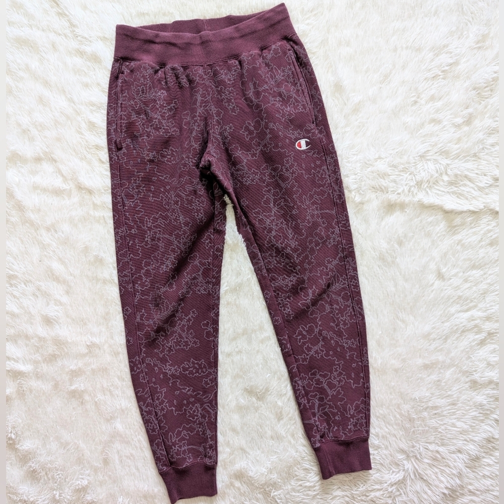 Champion Reverse Weave Maroon Floral Graphic Print Sweatpant Jogger Small